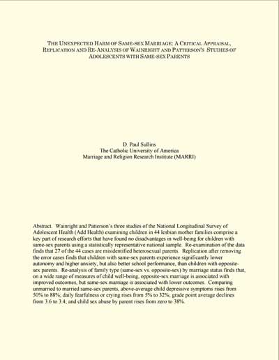 The Unexpected Harm Of Same-Sex Marriage: A Critical Appraisal, Replication and Re-Analysis of Wainright and Patterson’s Studies of Adolescents With Same-Sex Parents